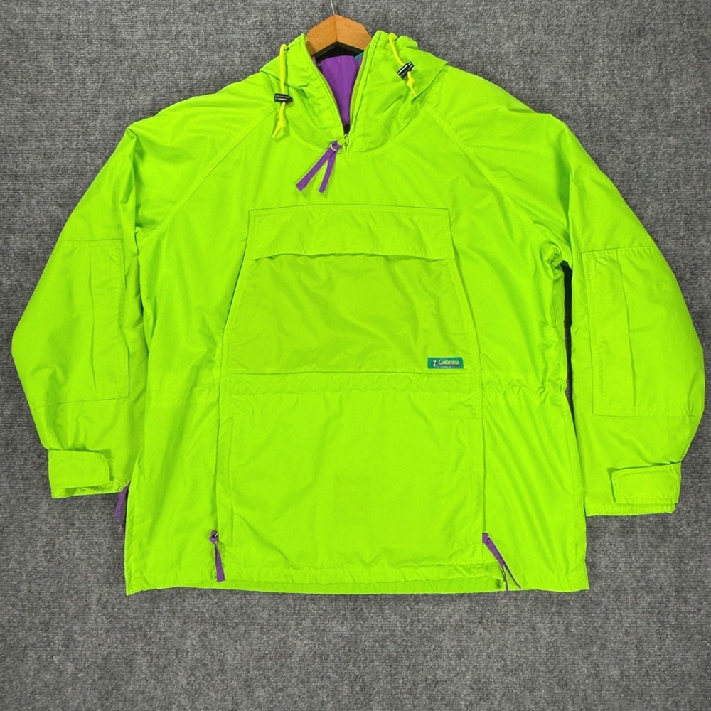 Columbia Neon Yellow Green Anorak Men's Large Hooded Nylon Pullover Streetwear